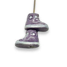 Load image into Gallery viewer, Tiny high top sneaker shoe beads purple Peruvian ceramic 4pc 12x8mm