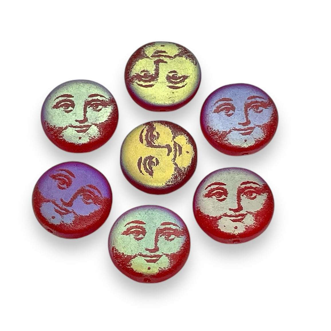Czech glass laser tattoo full moon face coin beads 8pc red AB 14mm – Orange  Grove Beads