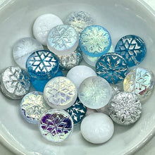 Load image into Gallery viewer, Czech glass Christmas snowflake coin bead mix 22pc crystal white blue #2