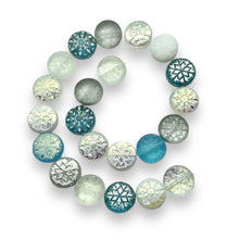 Load image into Gallery viewer, Czech glass Christmas snowflake coin bead mix 22pc crystal white blue #2