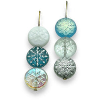 Load image into Gallery viewer, Czech glass Christmas snowflake coin bead mix 22pc crystal white blue #2