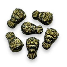 Load image into Gallery viewer, Czech glass Halloween owl beads 6pc black gold 18x11mm