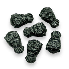 Load image into Gallery viewer, Czech glass owl beads 6pc black silver 18x11mm