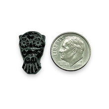 Load image into Gallery viewer, Czech glass owl beads 6pc black silver 18x11mm