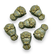 Load image into Gallery viewer, Czech glass owl beads 6pc gray gold 18x11mm