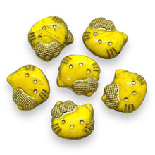 Load image into Gallery viewer, Czech glass 2-hole cartoon cat face beads 6pc yellow gold 18x17mm
