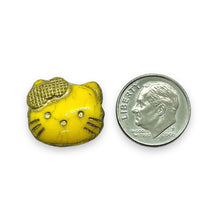 Load image into Gallery viewer, Czech glass 2-hole cartoon cat face beads 6pc yellow gold 18x17mm