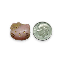 Load image into Gallery viewer, Czech glass 2-hole cartoon cat face beads 6pc pink gold 18x17mm