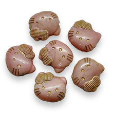 Load image into Gallery viewer, Czech glass 2-hole cartoon cat face beads 6pc pink gold 18x17mm