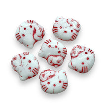 Load image into Gallery viewer, Czech glass 2-hole cartoon cat face beads 6pc white red 18x17mm