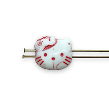 Load image into Gallery viewer, Czech glass 2-hole cartoon cat face beads 6pc white red 18x17mm