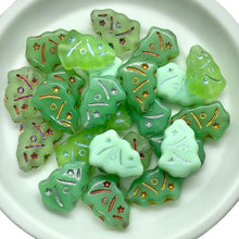 Load image into Gallery viewer, Czech glass Christmas tree bead sampler mix greens 24pc 17x12mm