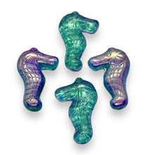 Load image into Gallery viewer, Czech glass seahorse focal beads 4pc blue green metallic pink 28mm #4