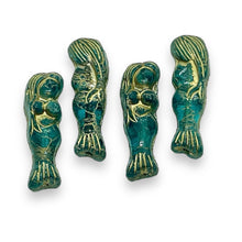 Load image into Gallery viewer, Czech glass mermaid beads 4pc teal gold 25mm