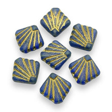 Load image into Gallery viewer, Czech glass Art Deco Diamond Fan Beads 10pc frosted blue gold 17mm