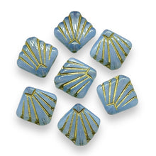 Load image into Gallery viewer, Czech glass Art Deco Diamond Fan Beads 10pc opaline blue gold 17mm