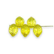 Load image into Gallery viewer, Czech glass lemon fruit beads 12pc uranium yellow metallic 14x10mm