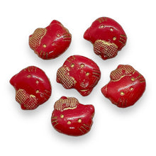 Load image into Gallery viewer, Czech glass 2-hole cartoon cat face beads 6pc red gold 18x17mm