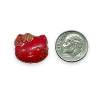 Load image into Gallery viewer, Czech glass 2-hole cartoon cat face beads 6pc red gold 18x17mm