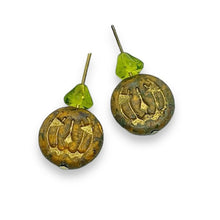 Load image into Gallery viewer, Czech glass Jack O' Lantern pumpkin beads & stems 6 sets (12pc) brown gold