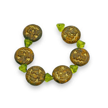 Load image into Gallery viewer, Czech glass Jack O' Lantern pumpkin beads & stems 6 sets (12pc) brown gold