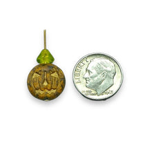 Load image into Gallery viewer, Czech glass Jack O' Lantern pumpkin beads & stems 6 sets (12pc) brown gold