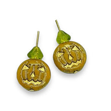 Load image into Gallery viewer, Czech glass Jack O' Lantern pumpkin beads & stems 6 sets (12pc) yellow orange bronze