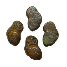 Load image into Gallery viewer, Czech glass owl beads 4pc orange brown picasso 17x15mm