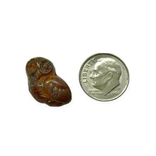 Load image into Gallery viewer, Czech glass owl beads 4pc orange brown picasso 17x15mm
