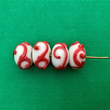 Load image into Gallery viewer, Lampwork Christmas rondelle beads 4pc white with red scroll 15x10-Orange Grove Beads