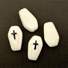 Load image into Gallery viewer, Tiny white Halloween coffin casket beads 4pc Peruvian ceramic 14x8mm