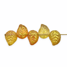 Load image into Gallery viewer, Czech glass leaf beads 20pc Summer Blush acid etched gold 12x9mm