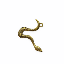 Load image into Gallery viewer, Articulated snake charm pendant 2pc antique gold pewter 51mm