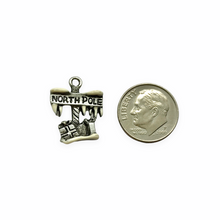 Load image into Gallery viewer, North Pole sign Christmas charm pendant 2pc antique pewter 20x15mm USA made lead free