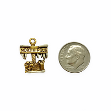 Load image into Gallery viewer, North Pole sign Christmas charm pendant 2pc antique gold lead free pewter 20x15mm USA made