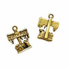 Load image into Gallery viewer, North Pole sign Christmas charm pendant 2pc antique gold lead free pewter 20x15mm USA made-Orange Grove Beads
