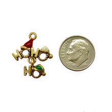 Load image into Gallery viewer, HO HO HO Christmas Santa hat charm 2pc antique gold pewter 21x13mm