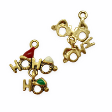 Load image into Gallery viewer, HO HO HO Santa hat charm pendant 2pc antique gold lead free pewter 21x13mm USA made-Orange Grove Beads