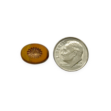 Load image into Gallery viewer, Czech glass table cut kiwi oval beads 10pc orange yellow bronze 14x10mm