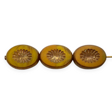 Load image into Gallery viewer, Czech glass table cut kiwi oval beads 10pc orange yellow bronze 14x10mm