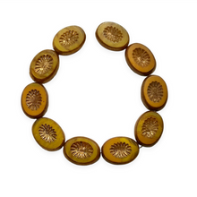 Load image into Gallery viewer, Czech glass table cut kiwi oval beads 10pc orange milky yellow bronze 14x10mm-Orange Grove Beads