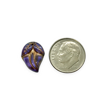 Load image into Gallery viewer, Czech glass flower bud with leaves beads 10pc purple blue 15x10mm