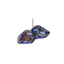 Load image into Gallery viewer, Czech glass flower bud with leaves beads 10pc purple blue 15x10mm