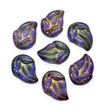 Load image into Gallery viewer, Czech glass flower bud with leaves beads charms 10pc purple blue 15x10mm-Orange Grove Beads
