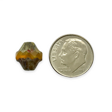 Load image into Gallery viewer, Czech glass fluted baroque bicone beads 10pc orange picasso 11x10mm