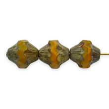 Load image into Gallery viewer, Czech glass fluted baroque bicone beads 10pc orange picasso 11x10mm