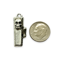 Load image into Gallery viewer, Hinged coffin locket charm pendant with mini skeleton 1pc pewter shiny silver 29mm