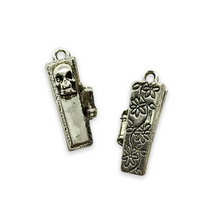 Load image into Gallery viewer, Hinged coffin locket charm pendant with mini skeleton 1pc pewter shiny silver 29mm