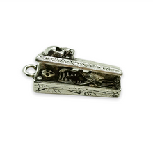 Load image into Gallery viewer, Hinged coffin locket charm pendant with mini skeleton 1pc pewter shiny silver 29mm