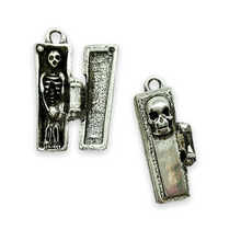 Load image into Gallery viewer, Hinged coffin locket charm pendant with mini skeleton 1pc pewter shiny silver 29mm-Orange Grove Beads